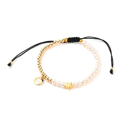 Adjustable Nylon Thread Braided Bead Bracelets, with Natural Pearl Beads, Brass Beads, Brass Enamel Charms, Flat Round with Star, Black