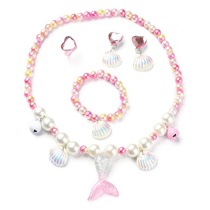 Plastic & Resin Bead Jewelry Set for Kids, including Shell & Mermaid Tail Pendant Necklaces & Charm Bracelets, Heart Finger Rings & Clip-on Earring