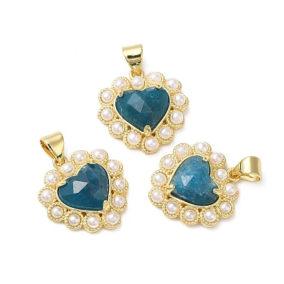 Natural Gemstone Pendants, Faceted Heart Charms, with Ion Plating(IP) Brass Findings and Plastic Beads, Real 14K Gold Plated