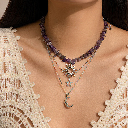 Подвеска из натурального аметиста с бусинами из сплава железа, солнца, луны и звезды 3 многослойные ожерелья для женщин