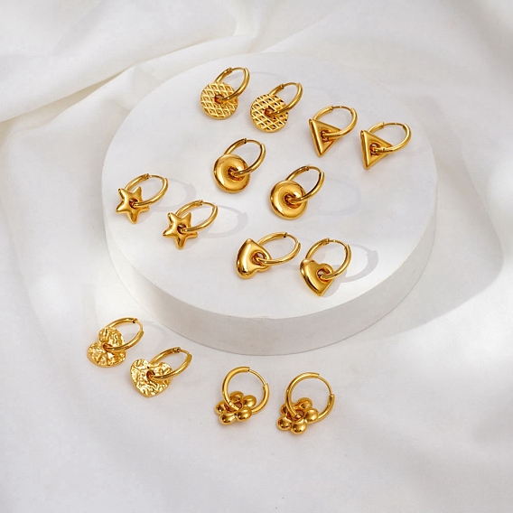 304 Stainless Steel Hoop Dangle Earrings for Women, Real 18K Gold Plated
