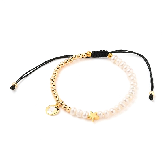 Adjustable Nylon Thread Braided Bead Bracelets, with Natural Pearl Beads, Brass Beads, Brass Enamel Charms, Flat Round with Star, Black