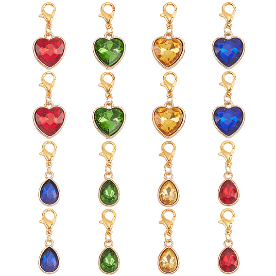 16шт 2 стильный сплав со стеклянными подвесками со стразами, Сплав с застежками когтя омара, слеза и сердце