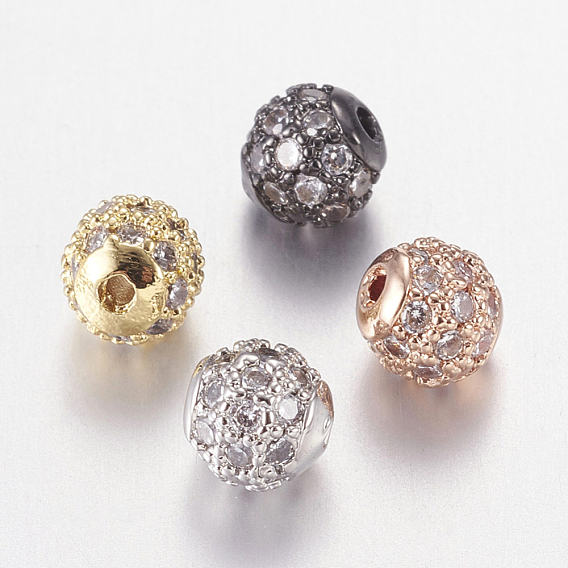Brass Micro Pave Cubic Zirconia Beads, Round, Nickel Free & Lead Free & Cadmium Free, Clear