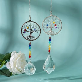 Glass Teardrop/Leaf Pendant Decorations, Gemstone Chips Tree of Life Hanging Suncatchers, with Metal Findings and Chakra Glass Bead
