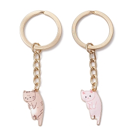 2Pcs Cat Shaped Alloy Enamel Keychains, with Iron Split Key Rings