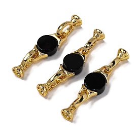 Rack Plating Brass and Black Onyx Flod Over Clasps, Flat Round, Real 18K Gold Plated