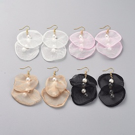 Organza Fabric Dangle Earrings, with Golden Plated Brass Findings and Plastic Imitation Pearl