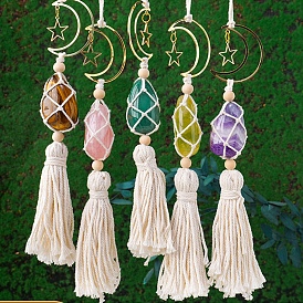 Handmade Macrame Cotton with Natural Gemstone Pendant Decorations, Moon with Star for Interior Car View Mirror Hanging Ornament