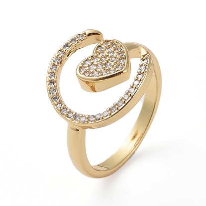 Adjustable Brass Finger Rings, Cuff Rings, Cadmium Free & Lead Free, Open Rings, with Micro Pave Clear Cubic Zirconia, Long-Lasting Plated, Heart