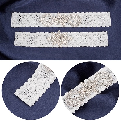 Gorgecraft 1 Set Lace Elastic Bridal Garters, with Rhinestone and Flower Pattern, Wedding Garment Accessories