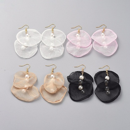 Organza Fabric Dangle Earrings, with Golden Plated Brass Findings and Plastic Imitation Pearl