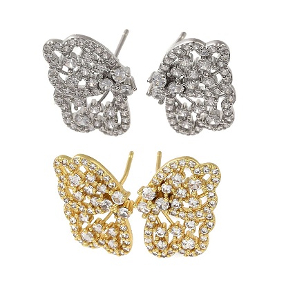 Rack Plating Brass Micro Pave Cubic Zirconia Studs Earrings, Long-Lasting Plated, Lead Free & Cadmium Free, Butterfly