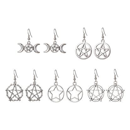 Серьги с подвесками из антикварного серебряного сплава, полая пятиугольная звезда