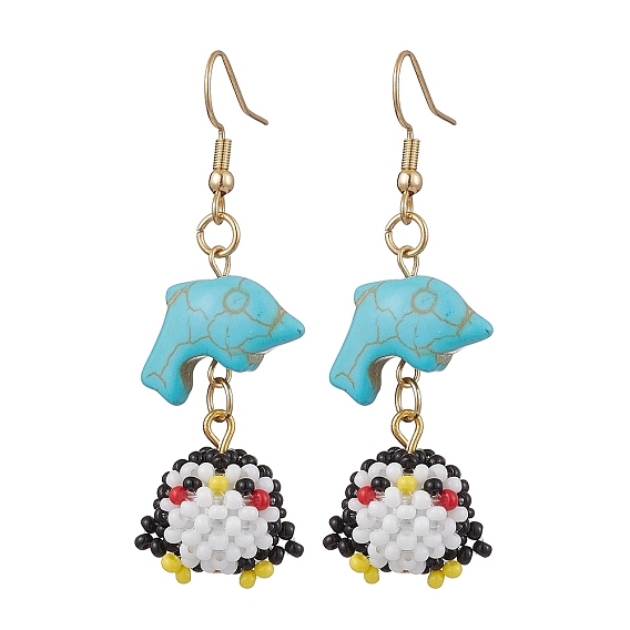 Болтаться серьги синтетические бирюзовые, с подвесками из плетеного стекла и 304 швензами из нержавеющей стали, пингвин