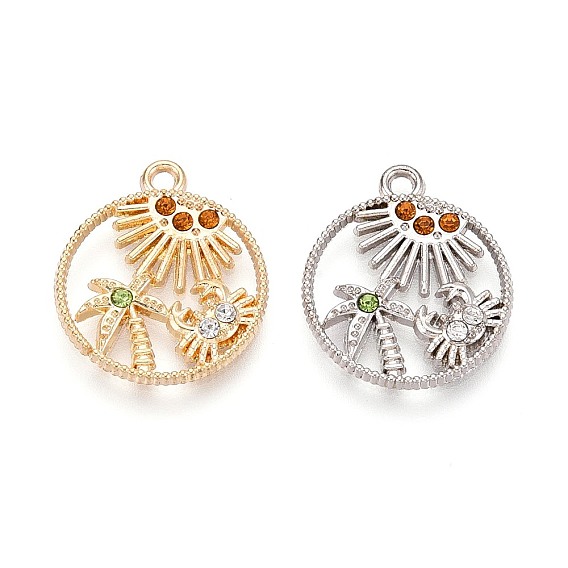 Подвески из сплава и страз, плоские круглые с деревом