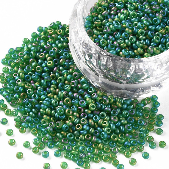 Grade A Round Glass Seed Beads, Transparent Frosted Style, AB Color Plated