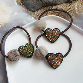 Sparkling Handmade Wool Ball Hair Tie with Heart-shaped Rhinestones - Retro and Minimalistic Ponytail Holder for Women