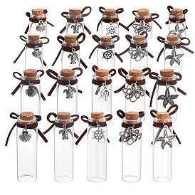 20 шт 20 стили морские животные тема прозрачные стеклянные пустые бутылки с подвесками из сплава, для хранения шерсти домашних животных, разнообразные, платина