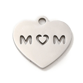 Mother's Day 201 Stainless Steel Charms, Laser Cut, Heart with Word Mom Charm
