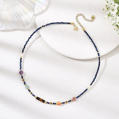 Faceted Round Natural Lapis Lazuli and Geometric Stone Beaded Necklaces for Women