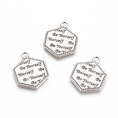 Rack Plating Tibetan Style Alloy Pendants, Hexagon with Word Be Yourself