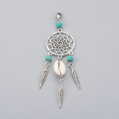 Synthetic Turquoise Alloy Woven Net/Web with Feather Pendant Decorations, with Cowrie Shell and 304 Stainless Steel Lobster Claw Clasps