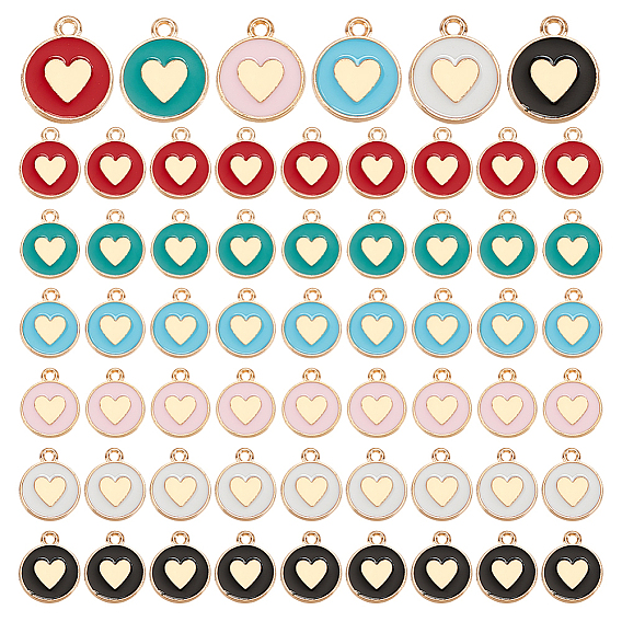 120 шт 6 цвета сплава эмалевые подвески, плоско-круглые с сердцем, золотой свет
