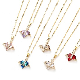 Heart with Cross Light Gold Brass Micro Pave Cubic Zirconia Pendant Necklaces, with Glass