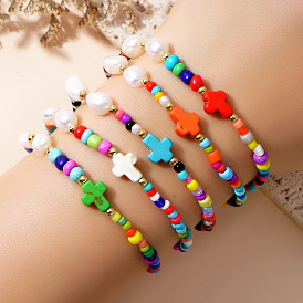 Стрейч-браслеты из бисера, Браслеты из бусин-крестиков из искусственной бирюзы и искусственного жемчуга для женщин