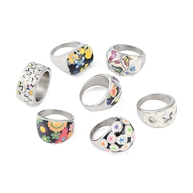 304 Stainless Steel Enamel Wide Finger Rings for Women, Butterfly & Flower Pattern