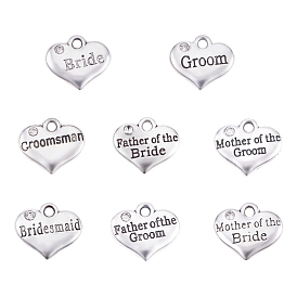 Wedding Theme Antique Silver Tone Tibetan Style Alloy Charms, with Rhinestone, Heart with Word