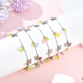5Pcs 5 Colors 201 Stainless Steel Butterfly & Spray Painted Glass Flower Charm Brass Bar Link Chain Anklets, Mixed Color
