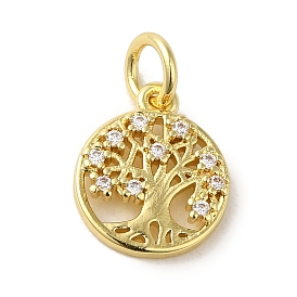 Brass Micro Pave Clear Cubic Zirconia Pendants, Real 18K Gold Plated, Flat Round with Tree of Life