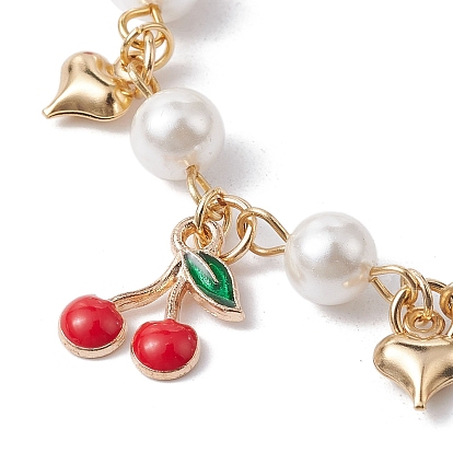 Glass Beads & Pearl Bead Bracelets, Cherry Alloy Enamel Charm Bracelets for Women