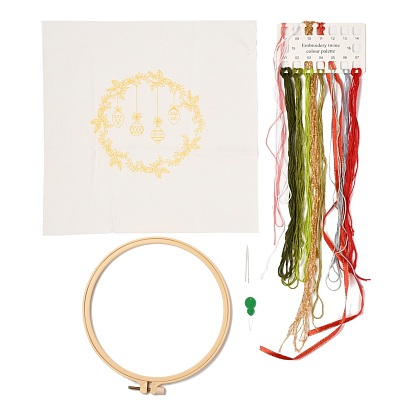 Christmas Themed DIY Embroidery Sets, Including Imitation Bamboo Embroidery Frame, Iron Pins, Embroidered Cloth, Cotton Colorful Embroidery Threads