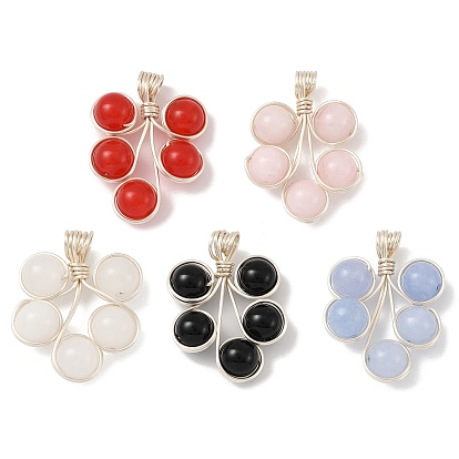 Natural Black Onyx(Dyed and Heated)/White Jade/Malaysia Jade/Rose Quartz/Quartz Crystal Copper Wire Wrapped Round Beaded Pendants, Leaf Charms, Mixed Dyed and Undyed