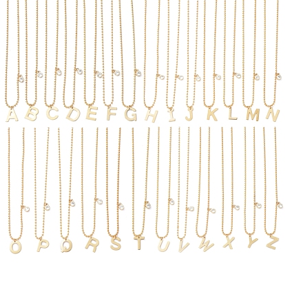Letter A~Z Pendant Necklaces, with Brass Ball Chains, Cubic Zirconia Charms and 304 Stainless Steel Lobster Claw Clasps