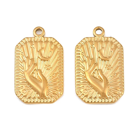 304 Stainless Steel Pendants, Rectangle with Sunburst Hand & Moon Charms, Ion Plating(IP)