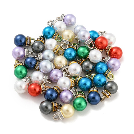 (Liquidation de produits défectueux : anneau teint) Breloques en plastique ABS imitation perle, avec resinrhinestone, charme rond