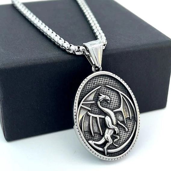 Нордический викинг винтажный овальный ожерелье из нержавеющей стали с драконом для унисекс