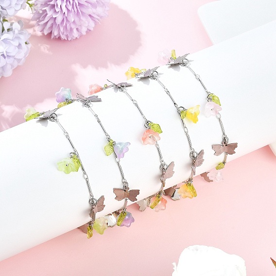 5 шт. 5 цвета 201 браслеты на ногу из латунной цепочки с подвесками в виде бабочки из нержавеющей стали и стеклянного цветка, окрашенного распылением, разноцветные