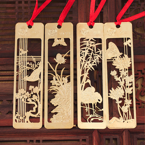 Прямоугольные металлические закладки в китайском стиле с красной лентой для завязывания узлов, Золотая латунная полая закладка в подарок для любителей книг, учителя, читатель