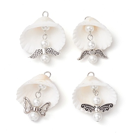 Copper Wire Wrapped Shell Pendants, Angel Charms with Glass Pearl Beads & Alloy Wings