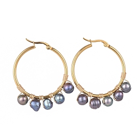 Hoop Earrings, with Natural Pearl, Copper Wire, Golden Plated 304 Stainless Steel Hoop Earrings and Cardboard Boxes