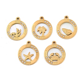 Ocean Theme 304 Stainless Steel & Natural Shell & Rhinestone Pendants, Flat Round Charm, Ion Plating(IP), Long-Lasting Plated