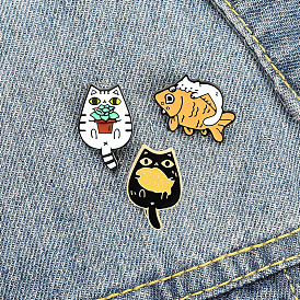 Enamel Cat and Fish Brooch Pin with Cute Kitten Planter Charm for Students