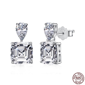 925 Sterling Silver Micro Pave Cubic Zirconia Ear Studs for Women, Dangle Earrings with S925 Stamp, Square