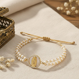 Регулируемые латунные эмалированные подвески с изображением Девы Марии Святого Бенедикта и двойные стеклянные плетеные браслеты из бисера, белые