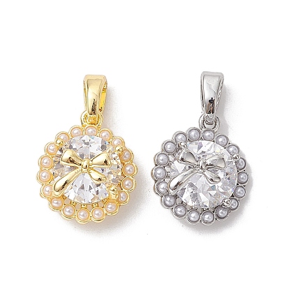 Brass Micro Pave Clear Cubic Zirconia Charms, Cadmium Free & Nickel Free & Lead Free, with ABS Imitation Pearl, Flat Round